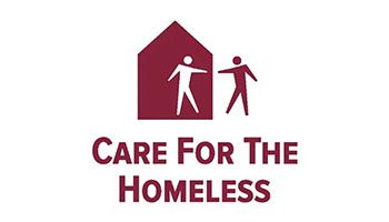 A red and white logo with words " care for the homeless ".