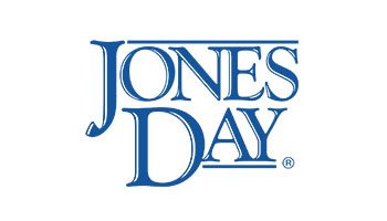 A blue and white logo of jones day