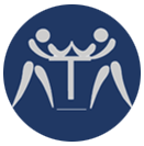 A white and blue logo of two people holding hands.