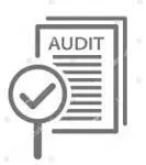A gray audit icon with a magnifying glass over it.